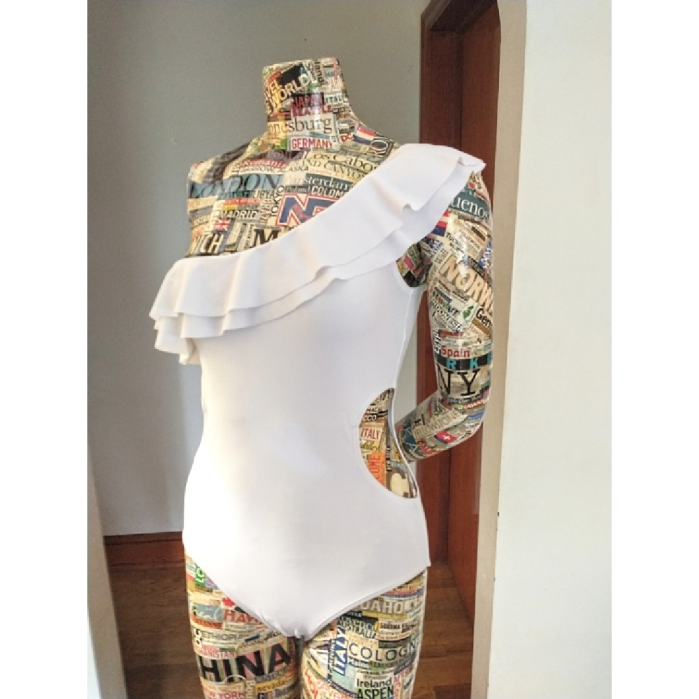 HEAT WAVE SALE!White Ruffle One Shoulder Swimsuit With Cut-outs, sz Medium/Large - Picture 5 of 14